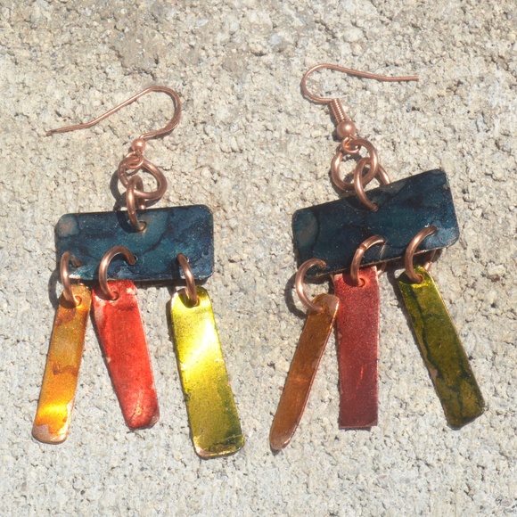 Modernist Hand Painted Colorful Solid Pure Copper Handmade Earrings Dangle Drop - Picture 4 of 5